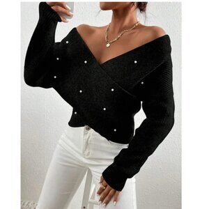 Luxe Faux Pearl Wrap Off Shoulder Sweater Top